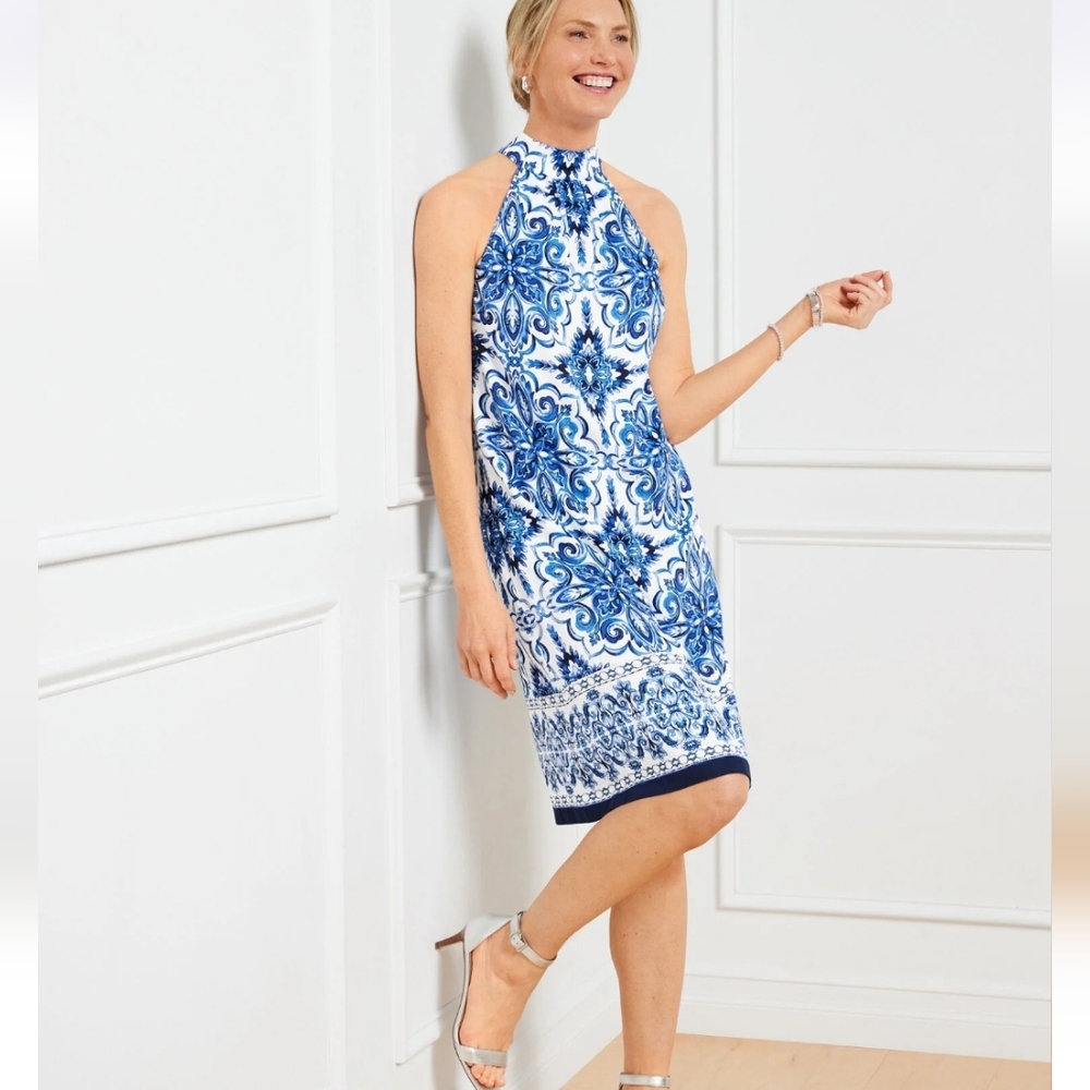 Talbots White and Blue Halter Shift Mini Dress